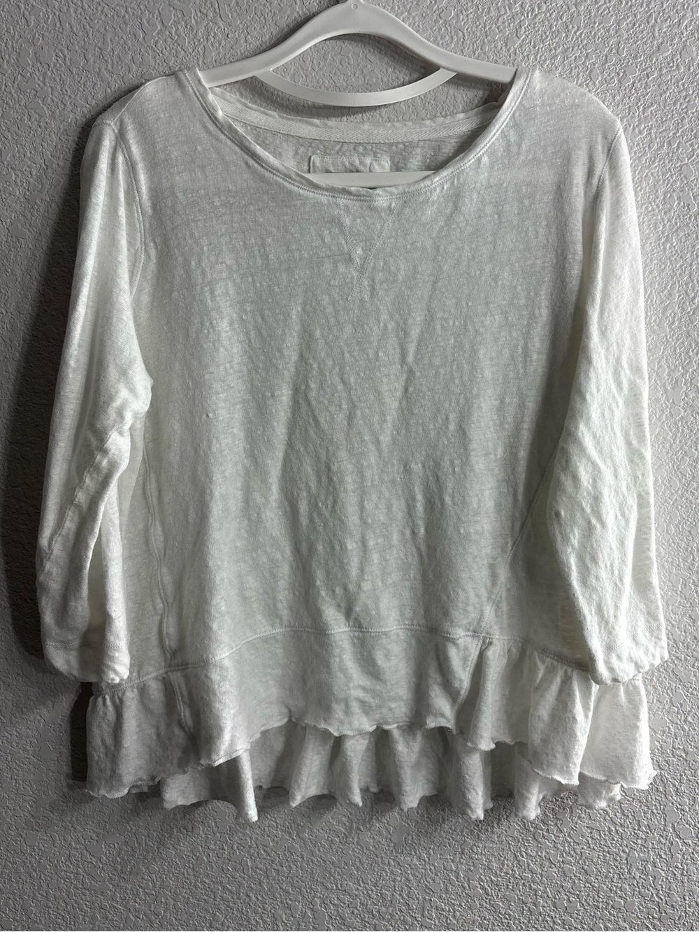 Wrap London White 100% Linen Ruffle-Hem Blouse Top Woman Size 10